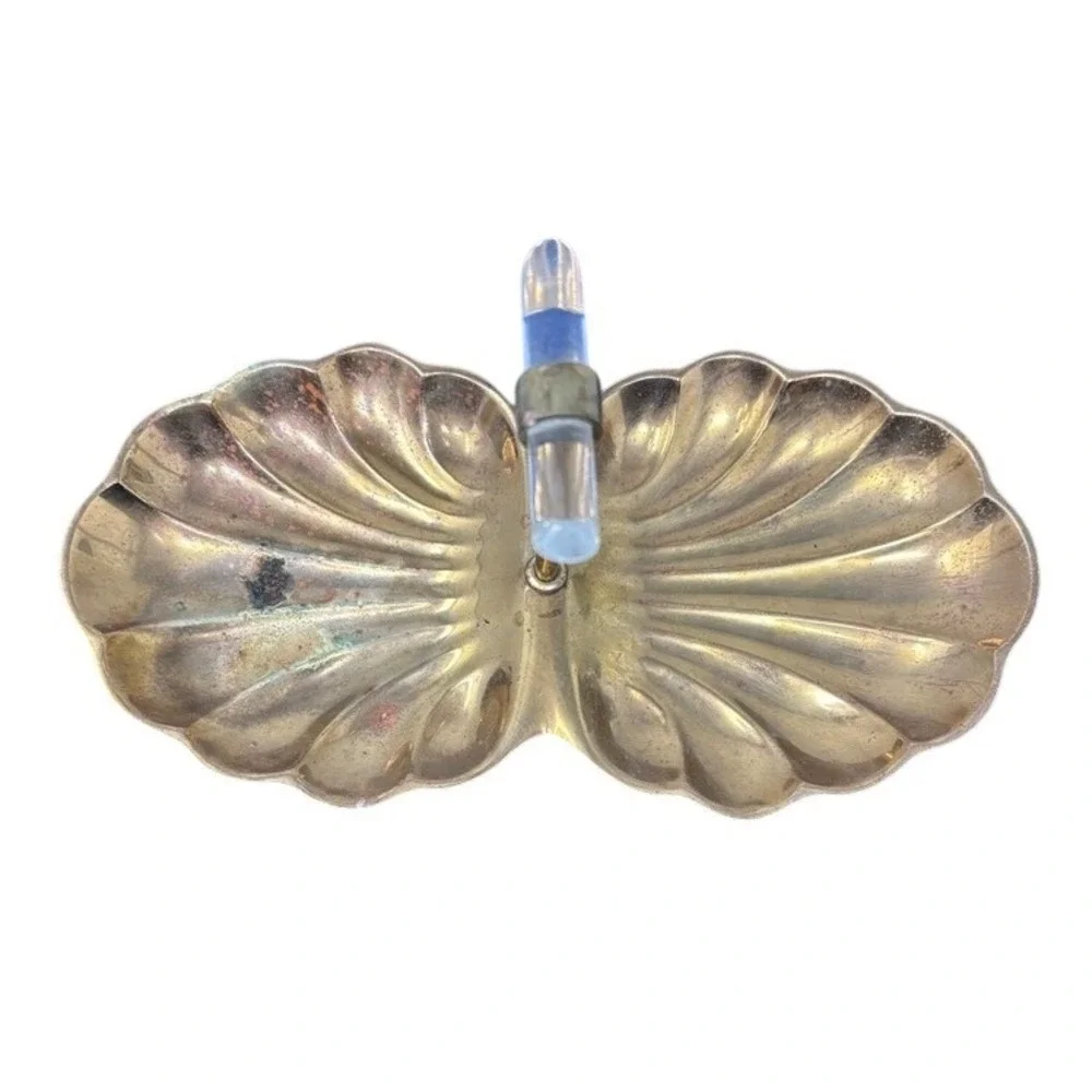 Vintage Brass Double Shell Trinket Dish Candy Nut‎ Server with Lucite Handle